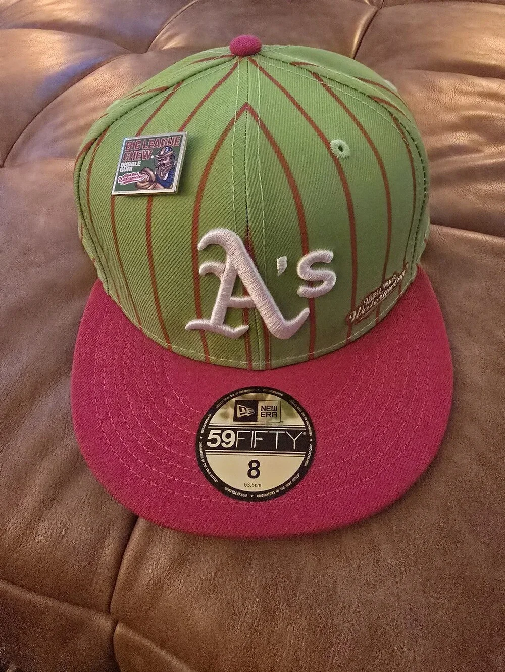 Watermelon Big League Chew Oakland Athltics As With Pin NWT Size 8 New Era 5950
